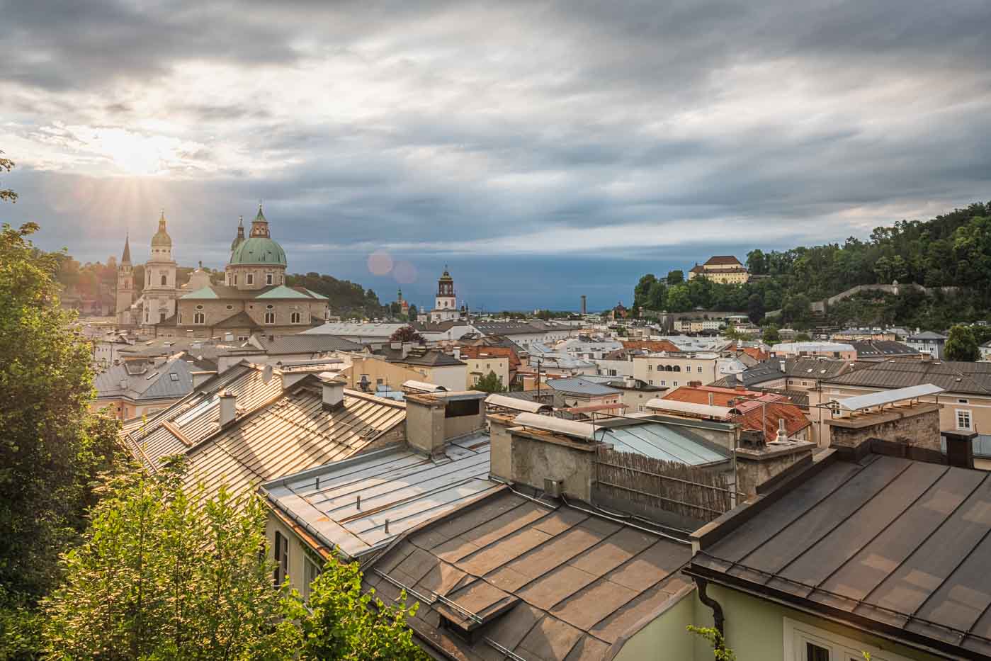 sunset from mönchsberg in salzburg nonntal